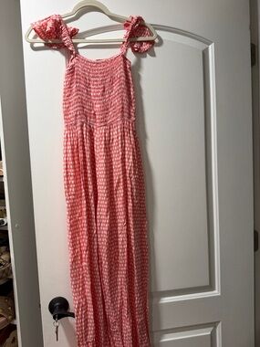 Tiare Hawaii Coral Pink Smocked Maxi with Ruffle Tie Straps